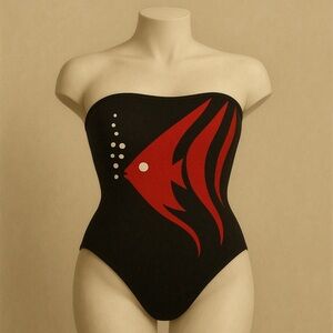 Rare Vintage Strapless Bold Fish One Piece Swimsuit S 80s